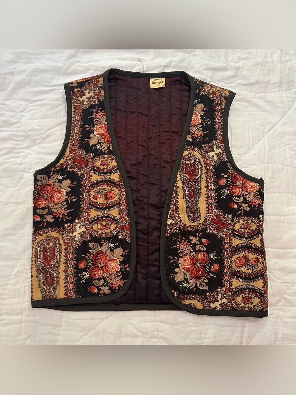 VTG 70s Boho Hippie Quilted Vest Judy Knapp Moody Floral Womens S Festival Fairy